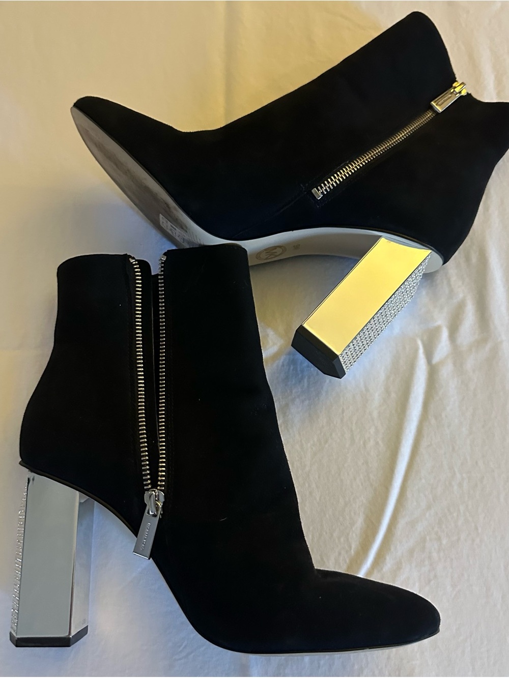Michael Kors Black Suede Petra Booties with Silver Metallic Block Heel
